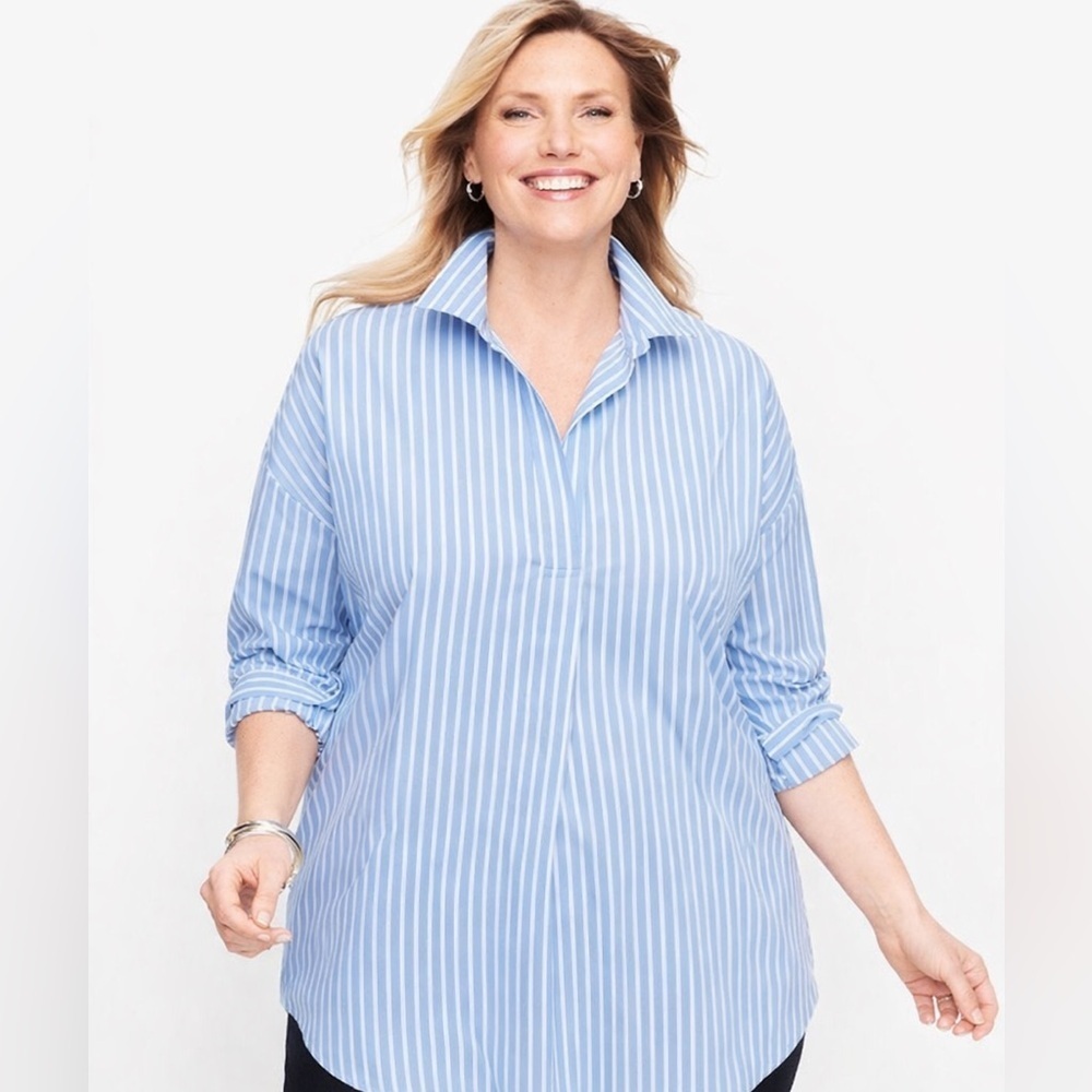 NWT Talbots blue striped popover poplin shirt size 3XP long sleeve career cotton